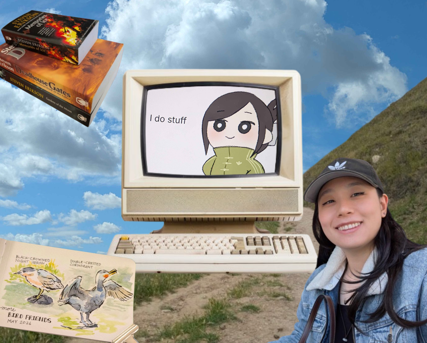 Collage portrait of Julie with a retro computer, books, sketches, and clouds